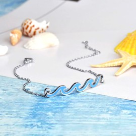 Lauren-Spencer Wave Anklet for Women Gold Silver Plated Beach Ankle Bracelets Ocean Wave Boho Anklets Adjustable Summer Foot Jewelry for Women Birthday Gifts (Silver Plated-Ocean Blue)