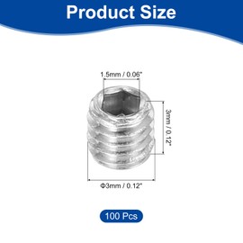 sourcing map Socket Set Screws, 100Pcs M3x3mm Metric - 304 Stainless Steel Hex Socket Set Headless Cup Point Grub Screws, for Repairing Compact Instruments, Machinery and Equipment (Silver)