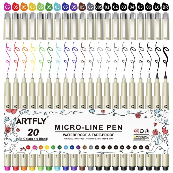 ARTFLY Micro Fineliner Pens, 20 Pack with 11 Colors in
