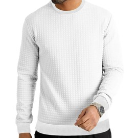 MakingDa Mens Crew Neck Jumper Waffle Pullover Long Sleeve Sweatshirts Solid Ribbed Cuff Regular Fit Sweater Vintage Soft Classic Lightweight Work Casual Jumpers White M