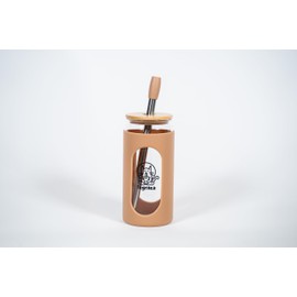 [2025 Updated Design] Bubble Tea Tumbler 532ml Bamboo Lid Silicon Sleeve with Silver Metal Straw (Amber)