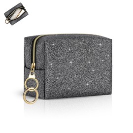 Cosmetic Bag, Small Cosmetic Bag, Mini Make Up Bag, PU Leather, Glitter, Portable Travel Cosmetic Accessory Organiser, Multifunctional Purse, Toiletry Bag, Tying Storage for Women, A-lip bag black