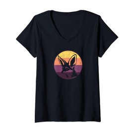 Womens Minimalist Sunset Fennec Fox V-Neck T-Shirt