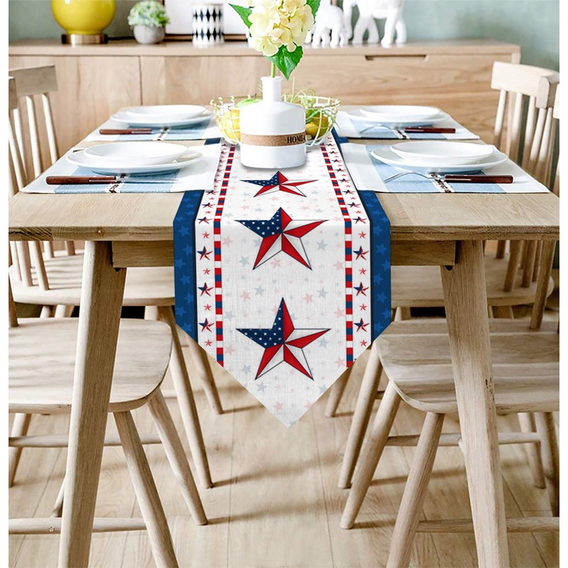 ALAGEO Cotten Linen Table Runner American Flag Star July 4th