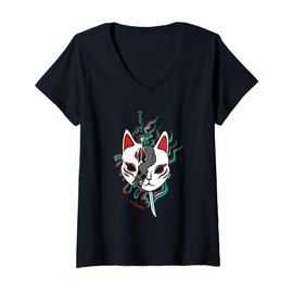 Womens Kitsune Samurai Fox Nine-Tailed Mask Art Anime V-Neck T-Shirt