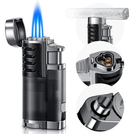 LcFun Butane Lighter 1 Pack Triple Jet Flame Torch Lighters Butane Refillable Gas Lighter Adjustable Windproof Pocket Lighter for Men - Butane Not Included (1 Pack Black) - Color: 2 Pack Black