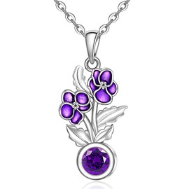 Birth Flower Necklace February Birthstone Violet Necklace for Women Sterling Silver Violet Birth Month Flower Pendant Floral Jewelry Charm Birthday Christmas Gifts