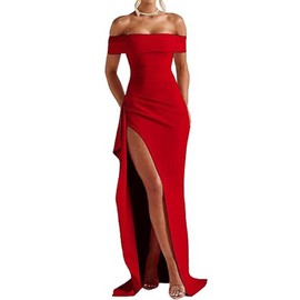 asllysa Women's Off Shoulder Maxi Dress Elegant Sleeveless Bodycon High Split Ruched Long Formal Evening Dresses Red (Medium)