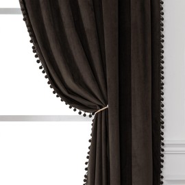 Victree Pom Pom Velvet Curtains for Bedroom, Blackout Curtains 42 x 84 inch Length - Room Darkening Sun Light Blocking Rod Pocket Window Drapes for Living Room, 2 Panels, Black