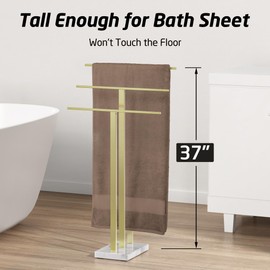KES Standing Towel Rack 3-Tier with Marble Base, Brushed Gold Towel Rack Stand for Bathroom Floor, Fits Large Bath Towel & Hand Towel, 18/8 Stainless Steel, BTH217S3-BZ