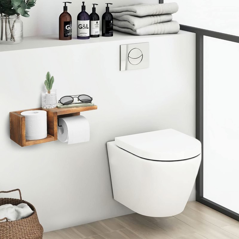 Wooden Toilet Paper Holder Wall Mount with Shelf - Farmhouse