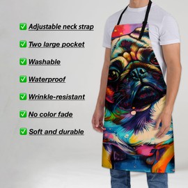 Turamurra Colorful Pug Apron for Women Men 28x33in, Kitchen Chef Aprons with 2 Pockets, Polyester, Pug Dog Apron for Cooking BBQ Baking Gardening Chef, Gifts for Mom Wife Dad