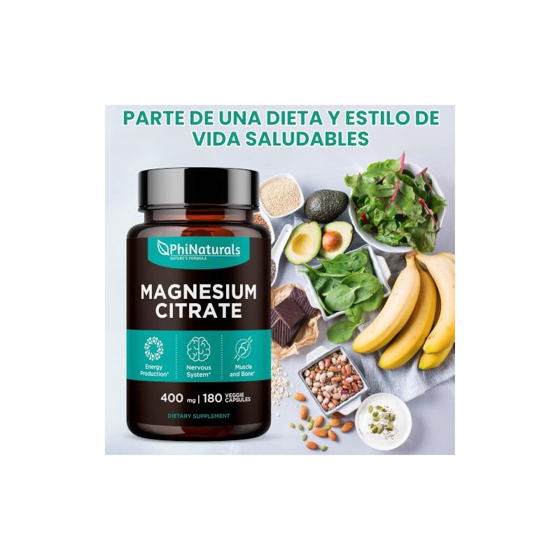 Citrato de Magnesio 400 mg 180 cápsulas por Phi Naturals