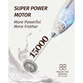INFOOD Powerful Milk Frother Wand with Stainless Steel Stand and 2 Whisks, Mini Handheld Frother Battery Operated Drink Mixer for Coffee, Lattes, Cappuccino, Hot Chocolate & Egg - White Gold