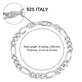 Charmsy Solid 925 Sterling Silver Figaro Chain Bracelet for Men Women | Italian 4mm Diamond-Cut Figaro Link Chain Bracelets 8 Inches, Length 8 IN (Women Large & Men Medium), Sterling Silver, no
