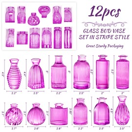12PCS Hot Pink Vase for Flowers, Small Glass Bud Vases for Centerpieces Purple Flower Vase in Bulk for Home Office Decor
