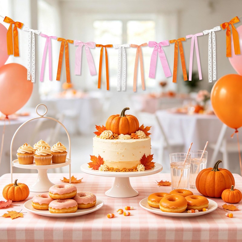 Pink and Orange Fall Bow Garland, Thanksgiving Fall Mantel Bows