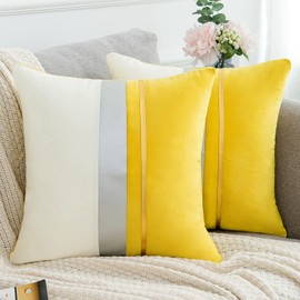 Set of 2 Cushion Covers 16 x 16 for Couch Sofa Bed, Soft Velvet Square Decorative Accents Yellow Gold Leather Striped Throw Pillow Case for Living Room Bedroom or Farmhouse Home Decor, 40 x 40cm
