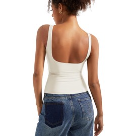 SUUKSESS Women Built in Bra Open Back Boat Neck Tank Tops Double Lined Backless Y2K Going Out Top Basic Shirt (White,XS)