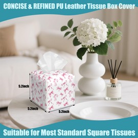 Watercolor Pink Ribbon Bow Tissue Box Cover Square,Leather Tissue Holder with Bottom Belt,Waterproof Leather Facial Paper Organizer Tissue Box Cover for Home Office Bathroom Vanity,5.2" x 5.2" x 5.2"