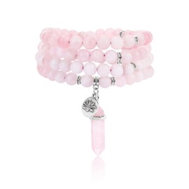 JSDDE 108 Mala Prayer Beads Wrap Bracelet Natural Rose Quartz Crystals Gemstone Lotus Pendant Necklace for Healing Meditation