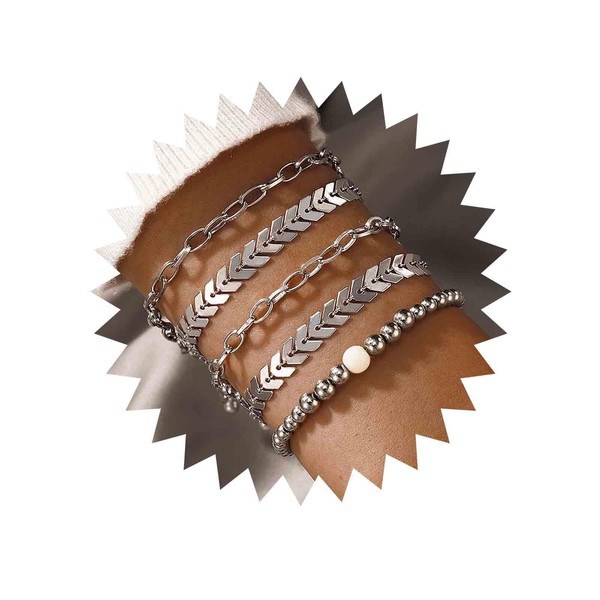 Sttiafay Boho Layered Chain Bracelets Silver Paperclip Chain Bracelet Chunky