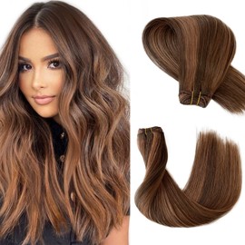 Sew in Hair Extensions Auburn Brown Hand Tied Weft Hair Extensions Human Hair for Women 24 Inch 120G Thick Full Sew in Real Human Hair Bundles Medium Auburn Brown Highlights Weft Extensions