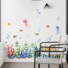 BWCXXZH Under The Sea Wall Decals Ocean Room Decor, Coral Reef Seaweed Jellyfish Fish Removable Wall Stickers, Sea Life Stickers Wallpaper for Kids Baby Nursery Bedroom Playroom Bathroom Living Room