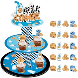 HAPPARTY Blue Cookie Milk Cupcake Stand Tower Dessert Holder 1Pcs with Cupcake Toppers 24Pcs for Boy Cookie Milk Birthday Baby Shower Party Favor Decorations Supplies