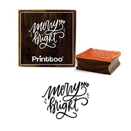 Printtoo Square Merry and Bright Word Design Wooden Rubber Stamp Diary Card Block-2 x 2 Inches