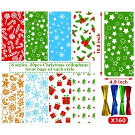 MISS FANTASY 160 Pack Christmas Cellophane Goody Bags with Twist Ties for Holiday Favors Treats Kids Xmas Treat 10.8'' x 4.9'' Small Bulk Plastic Treats Bag Christmas Cellophane Treat Bags