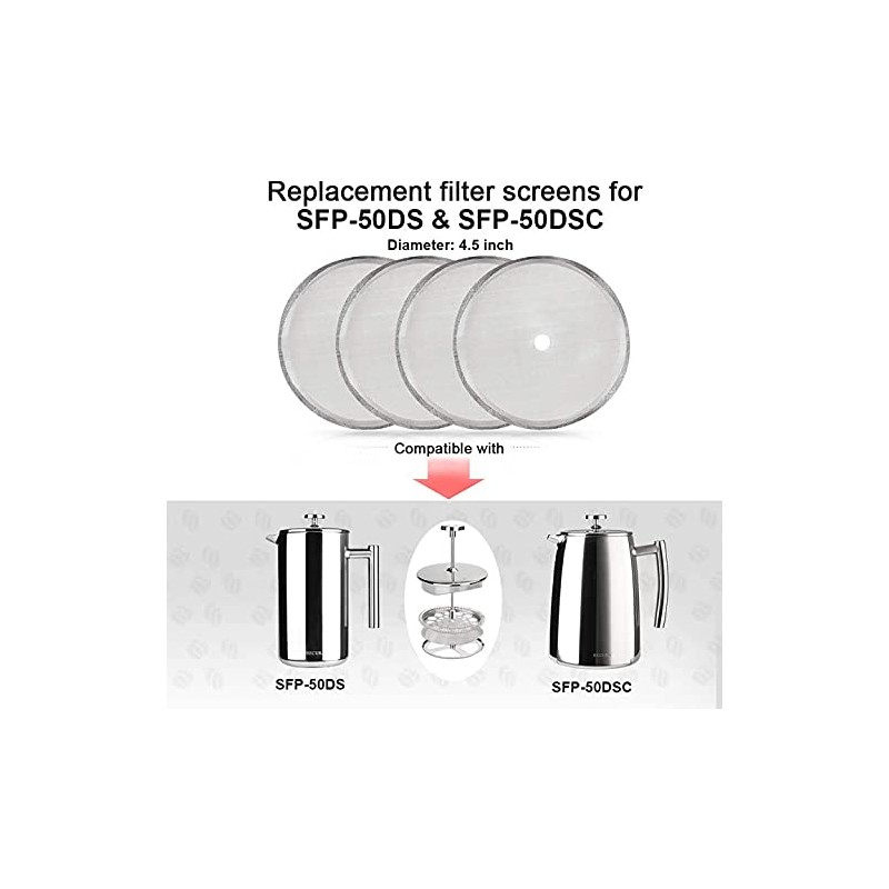 Secura French Press Replacement Screens, Stainless Steel Reusable Mesh Filter