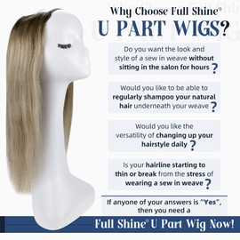 Full Shine Clip In Wigs Human Hair Highlighted U Part Wigs Real Hair U Shape Half Part Wig Straps Combs Brown Fading to Blonde Balayage Hair Wigs 120Grams 16Inch