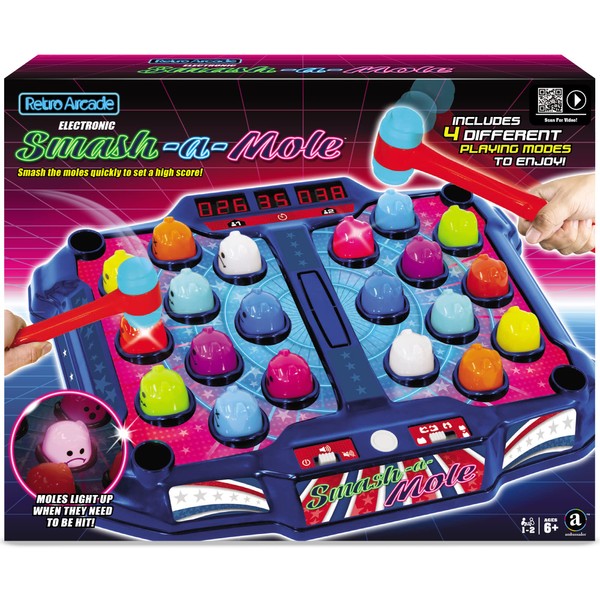 Merchant Ambassador Retro Arcade: Electronic Smash-A-Mole - Tabletop Game, Moles Light Up, 4 Playing Modes, 1-2 Players, Ages 6+