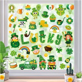 Whaline 9 Sheets St. Patrick's Day Cartoon Window Cling Stickers Cute Lucky Clover Green Shamrock Gnome Reusable Window Decals for Irish Party Home Classroom Decoration