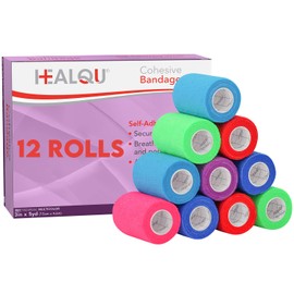 Healqu Vendaje Autoadhesivo Cohesivo para Deportes Y Atletismo, 7,6 Cm X 4,5 M, 12 Rollos. Cinta Médica Autoadhesiva, Flexible, Elástica, Multicolor, para Muñecas Y Tobillos. Ideal para Uso Veterinari