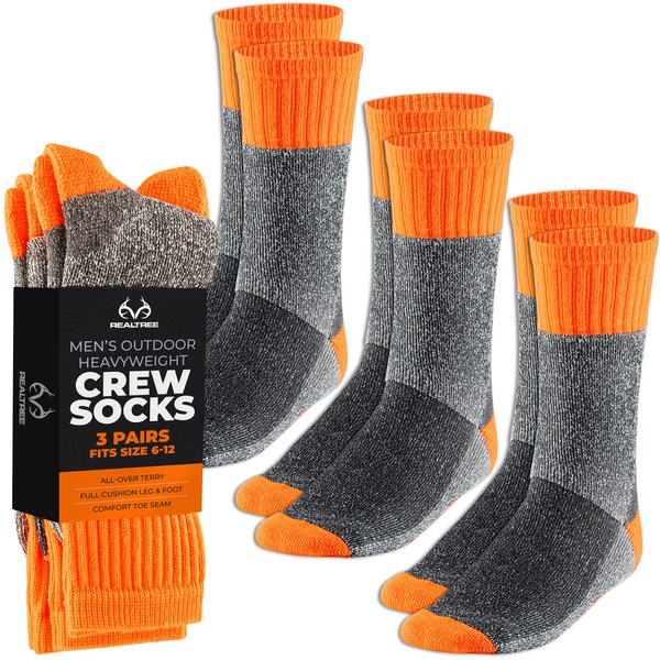 Realtree Thermal Socks for Men - 3 Pack Heavy Weight thermal Crew Sock - Thick Insulated Socks, Winter Accessories for Boots - Mens Warm Socks for Extreme Cold Weather, Hiking, Hunting, (GREY/ORANGE)
