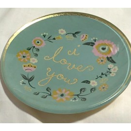 I Love You Round Trinket Tray Green Floral with Gold Tone Trim Sweet Gift New