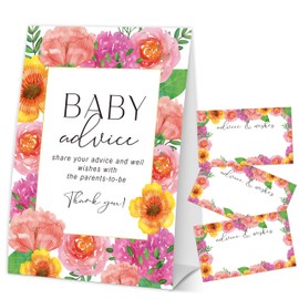 Nuhany Baby in Bloom Pink Floral Baby Advice Cards for the Parents-to-Be, Spring Flower Baby Shower Decorations Favors, Gender Neutral Party Supplies, 1 Sign & 50 Cards-B10