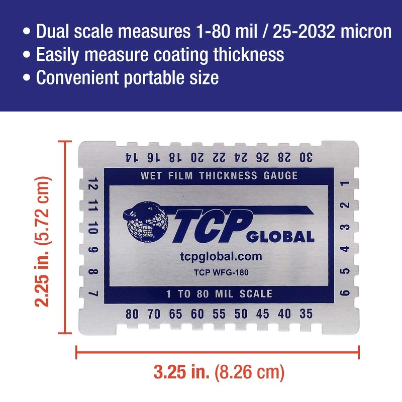 TCP Global Wet Film Thickness Gauge Comb, 1-80 Mil Scale,