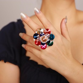 Xerling Big Flower Cubic Multi-colored Crystal Ring Women Statement Ring Colorful Gemstone Rhinestone Floral Ring Aesthetic for Cocktail Party Prom Wedding Ring (Colorful)