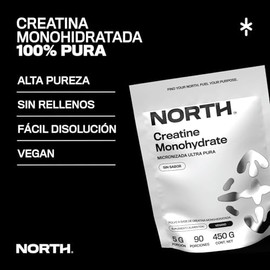 NORTH Creatina Monohidratada en Polvo 450g | Creatina Micronizada 100% de Alta Pureza y Máxima Absorción | Soporte para Fuerza, Resistencia, Masa Musc