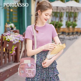 PORRASSO Cute Shoulder Bag Girls Shoulder Bag with Doll Pendant Nylon School Bag Messenger Bag Crossbody Bag for Travel Daily Brew, Pink (pink A), messenger