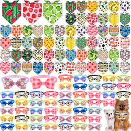 Chicingyou 108 Pcs Summer 4th of July Dog Bandanas Bulks Adjustable Red White Blue Bow Ties for Dogs USA Flag Bowknot National Star Triangle Scarf Kerchief for Pet Cat Grooming(Summer)