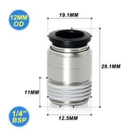 TAILONZ PNEUMATIC Round Male Straight 12mm Tube OD x 1/4 Inch BSP Thread Push to Connect Fittings POC12-02 (Pack of 2)