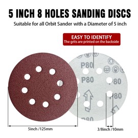 52 Pack 5 Inch 8-Hole Hook and Loop Sanding Discs Sandpaper Red Round 80 Grit Sandpaper for Random Orbital Sander