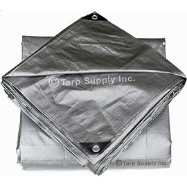 Heavy Duty 14 by 14 Cross Weave 10 Mil Silver Poly Tarp with Grommets Approx Every 24 Inches All Around, Corner Solid Plastic Bar Reinforcement for Extra Strength (20'x20')