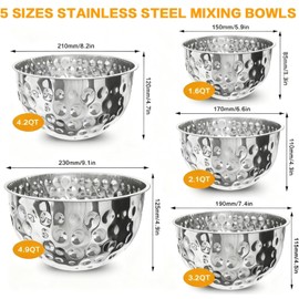 YEJZXY Stainless Steel Mixing Bowls Set, 5 Pieces 1.6/2.1/3.2/4.2/4.9QT Hammered Metal Mixing Bowl for Kitchen Cooking, Baking, Prepping and Serving Food, No Lids (Silver, 5 Pieces)