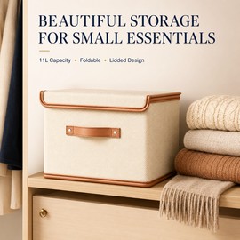 11L Beige Non-Woven Fabric Clothes Storage Box with Lid, Wardrobe Underwear Organizer Basket