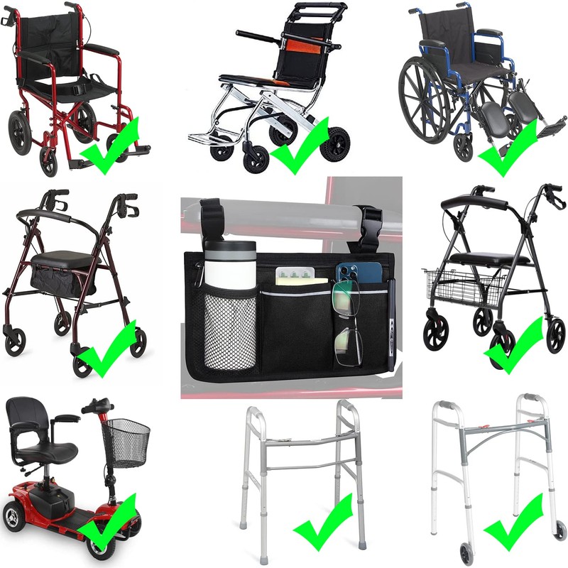 Wheelchair Side Organizer Storage Bag Armrest Pouch with Cup Holder